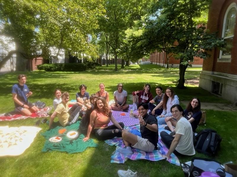 A group of people sitting on picnic blankets in a grassy area