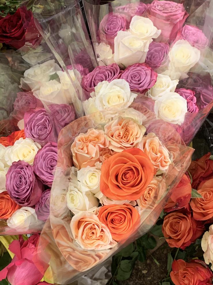 Picture of several bouquets of mixed color roses wrapped in cellophane.