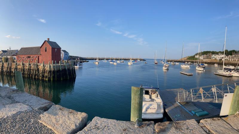 Panorama picture of Motif No.1 and docked sailboats at Rockport, MA.