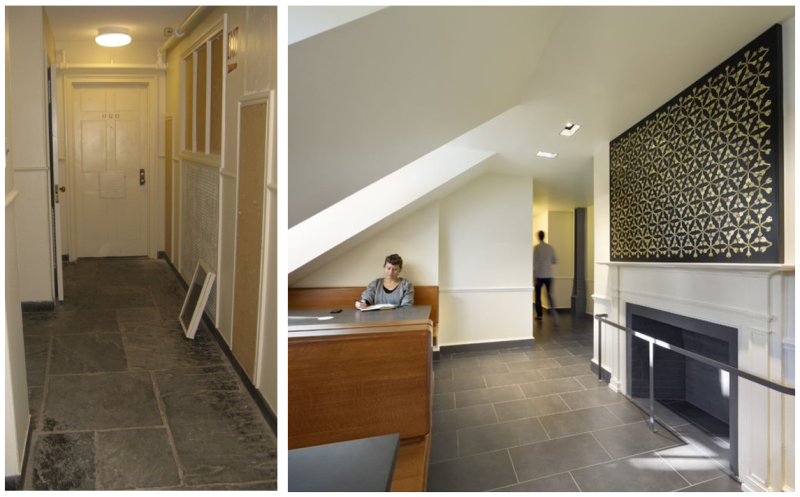 Two images of Corridors side by side: the left is a narrow, dim hallway with a door. The right is open and a modern, well-lit space with seating, a decorative wall, and a fireplace.