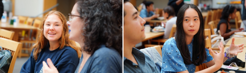 Two images side by side in a dining area. On the left, two people are engaged in conversation, with one smiling. On the right, a person is talking with another, gesturing while speaking.