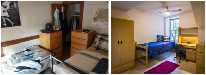 Two images of dorm rooms side by side: the left is cluttered with clothes and furniture, the right is tidy with a blue bed, desk, and wardrobe.