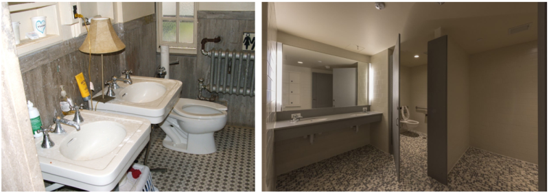 Two bathroom images side by side: the left shows an older, cluttered bathroom with twin sinks and a lamp. The right features a modern, clean bathroom with sleek sinks and a toilet stall.