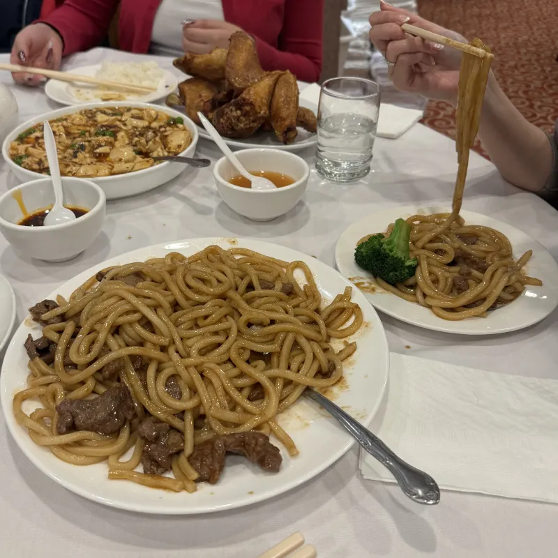 A picture of a plate of beef udon noodles and a plate of tofu from Jade Garden.