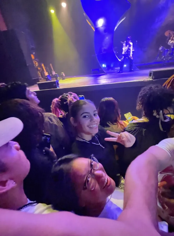 Concert crowd with two people posing for a picture.