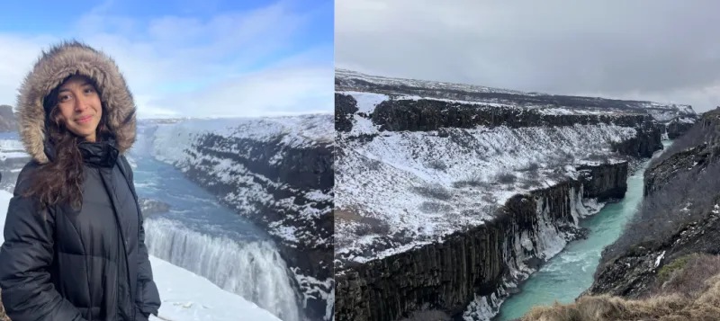 Two images side-by-side, one of a girl posing with the scenery and the other image is of rock formations and a waterfall