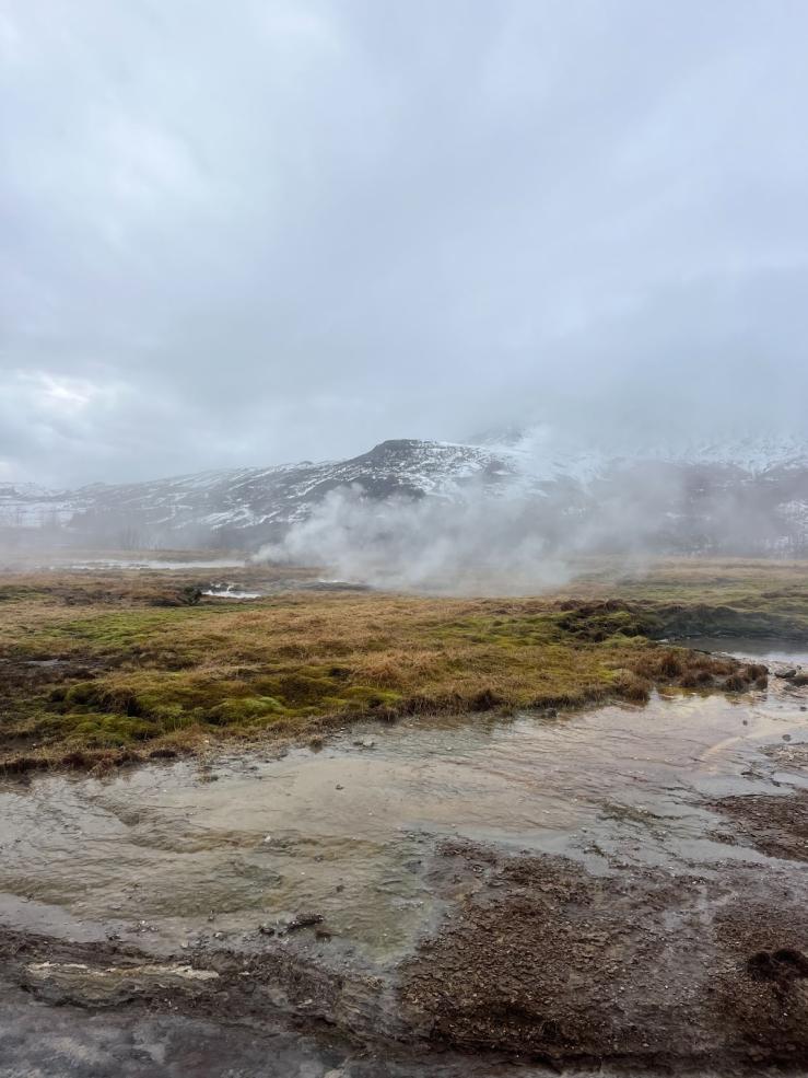 Image of grasslands, fog, and a mountain in the background