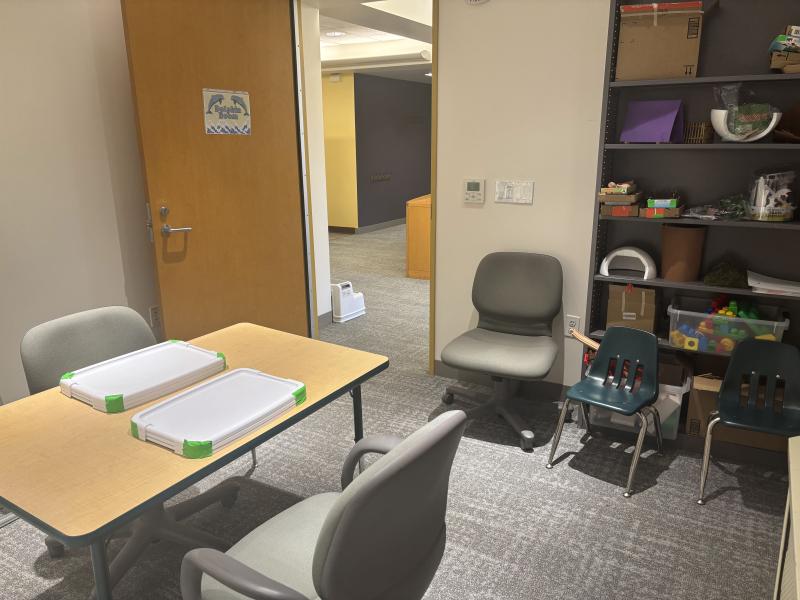 A room labeled "Dolphin Room" is shown. A table with a chair and a tray on each end of the table is shown.