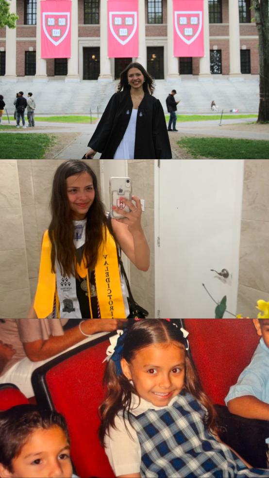 A collage with three pictures of Ana at dressed up for different graduations in her life. THe top one if her posing in her college graduation regalia, the middle is her after her high school grad, and the bottom is her during her kinder graduation.