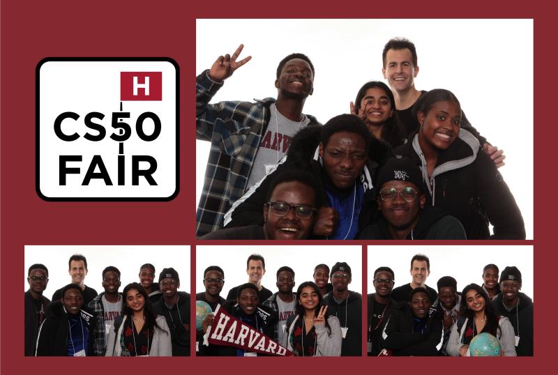 A photo of a CS50 Fair postcard with Inno and other African students with Prof. David Malan.