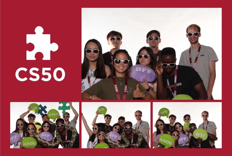 Postcard photo of Inno and other staff cohort member taken at the photo booth during the fall 2022 Puzzle Day