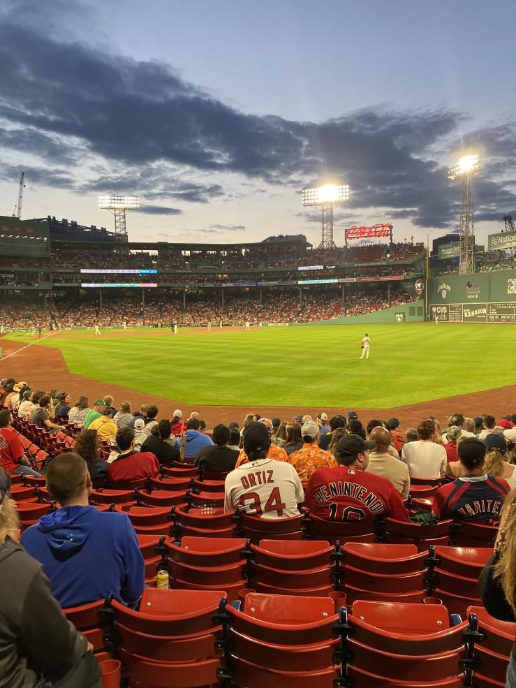 Outfield seat view of a game at Fenway Park between the Boston Red Sox and the Baltimore Orioles