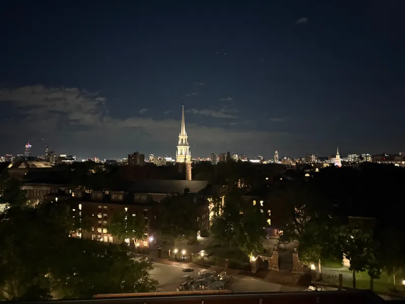 Overhead view of Harvard yard at night