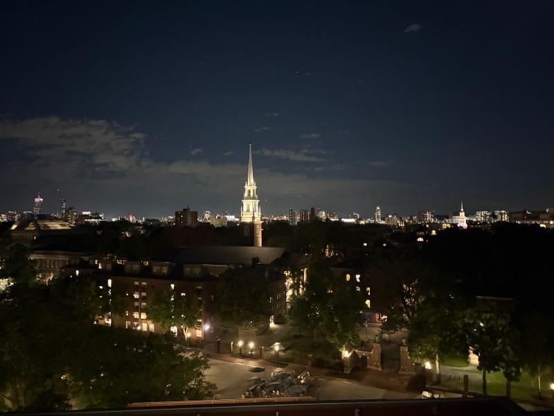 Overhead view of Harvard yard at night