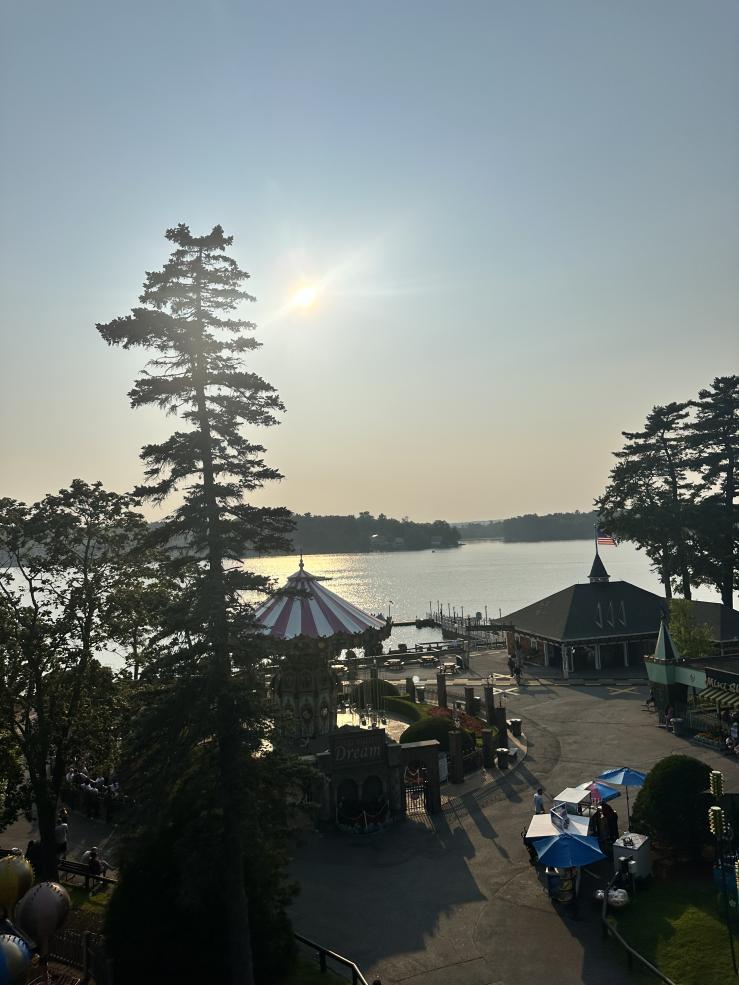 On a skyrail overlooking Lake Canobie Park, an amusement park my friends and I accessed by the MBTA commuter rail.