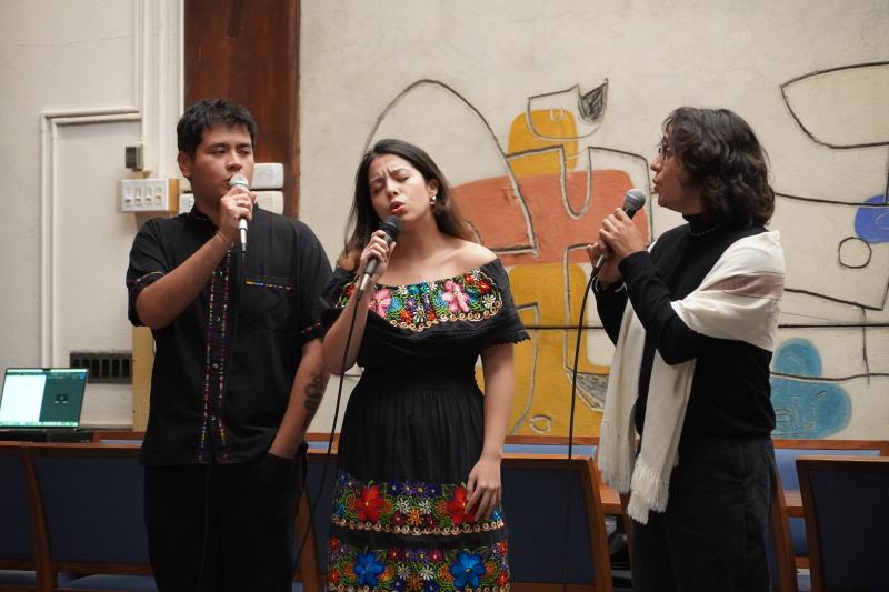 Xavier Pina ’26, Paloma Del Valle ’26, and Nicolás Domínguez Carrero ’25 sing to Mas Allá by Mariachi Sol de Mexico. 