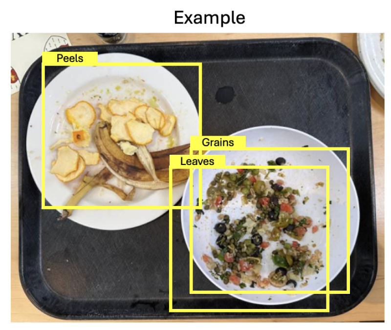 An aerial view of the food waste monitoring system, capturing a snapshot of leftover food waste on two plates on a tray.