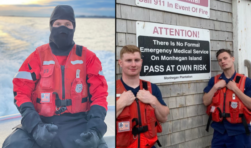 A side-by-side of Dmitry's missions in Maine. On the left, he is covered in red heavy thermal gear on the back of a boat to protect himself from the harsh conditions. On the right, Dmitry and his teammate pose next to a "no emergency service" sign, as they were the only ones who were able to respond and make a rescue. 