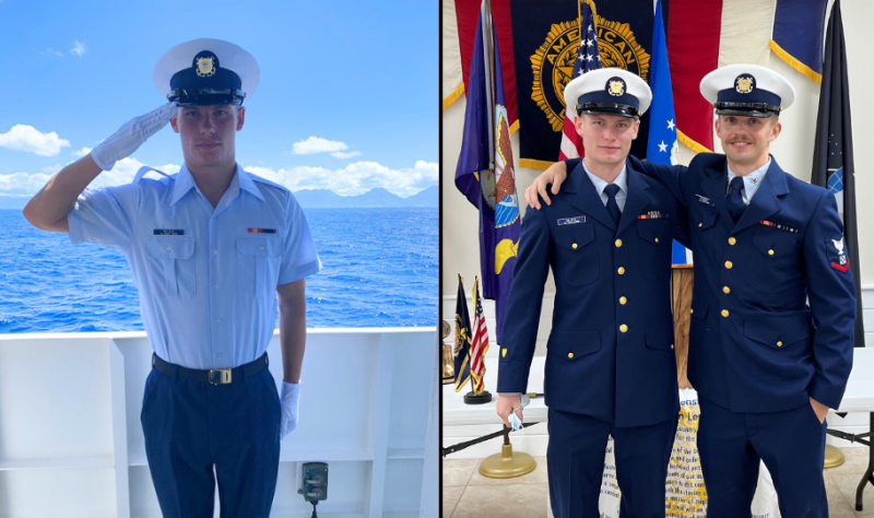 On the left, Dmitry salutes in full uniform to honor a veteran lost at sea. On the right, Dmitry and his teammate stand side by side in full uniform after an awards ceremony.