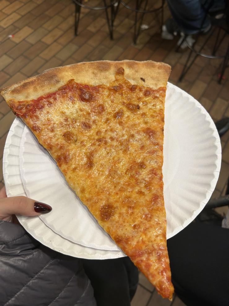 Picture of one large slice of cheese pizza