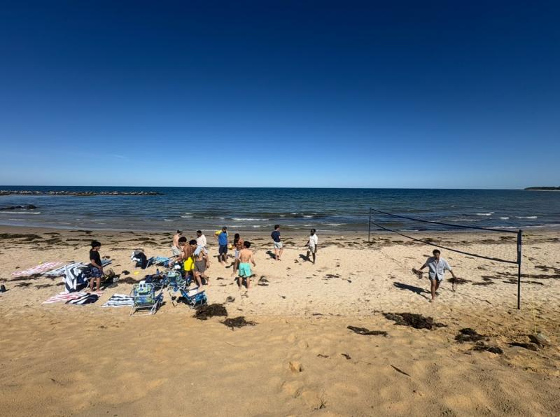 Picture of a beach with people sprawled across doing various activities