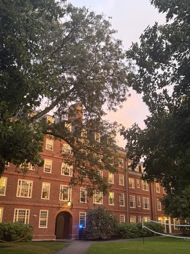 A red-brick Harvard residence hall at sunset, framed by large trees with warm light glowing from the windows.