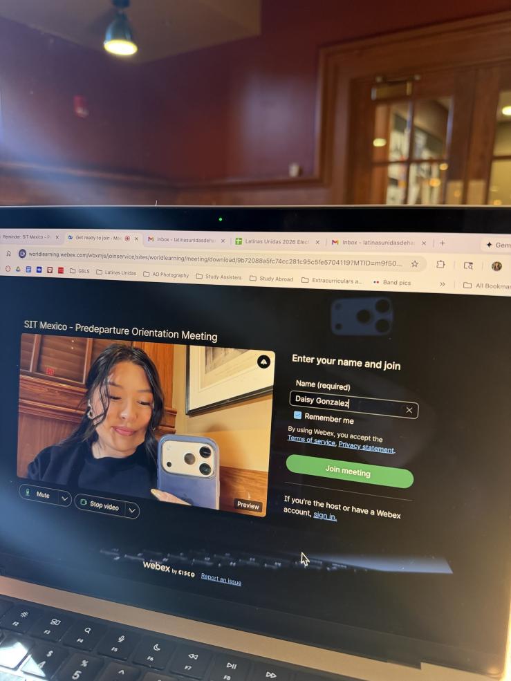 A picture of Daisy in the Webex waiting room for her study abroad departure orientation meeting. 