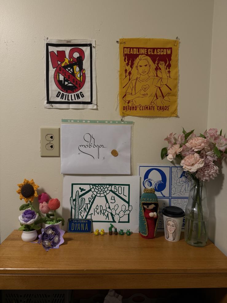 A student dorm storage cabinet with crochet flowers, fresh flowers, poster, and art work hanging.