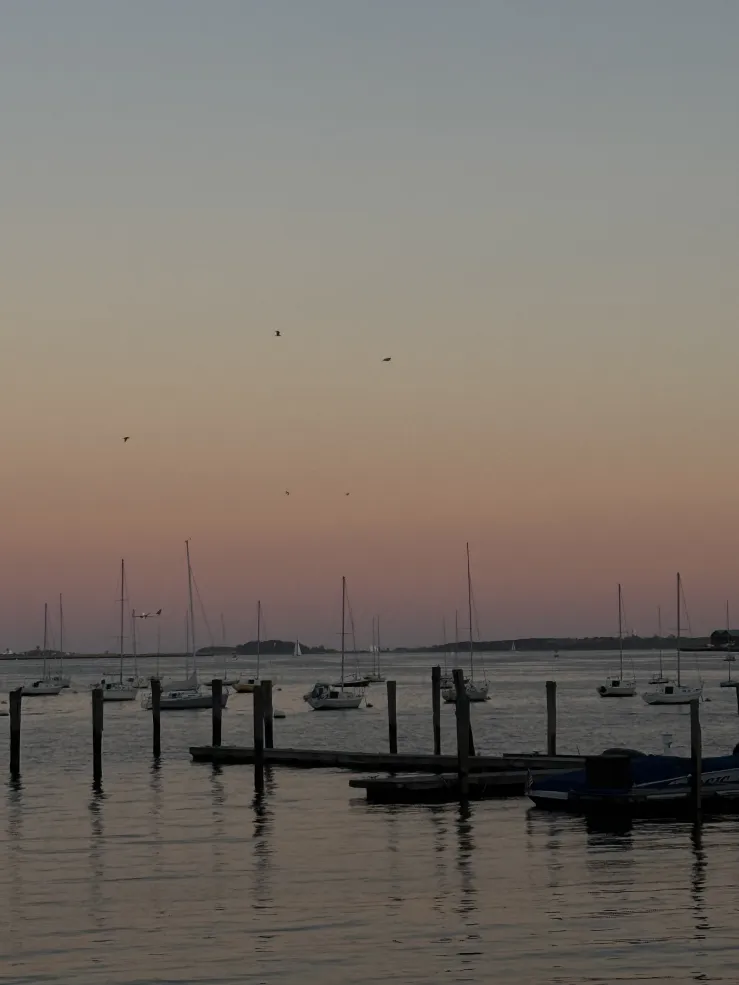 Small sail boats in the distance on the water with a light purple sunset in the background.