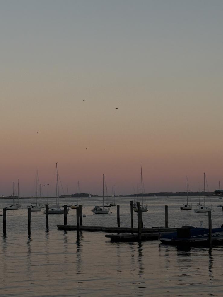 Small sail boats in the distance on the water with a light purple sunset in the background.