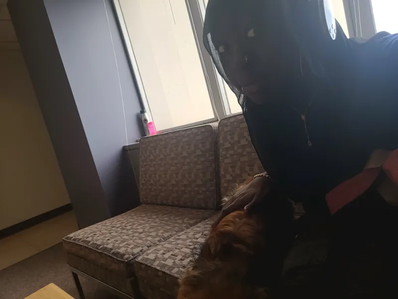 A picture of me in William James Hall with a brown dog named Lola!
