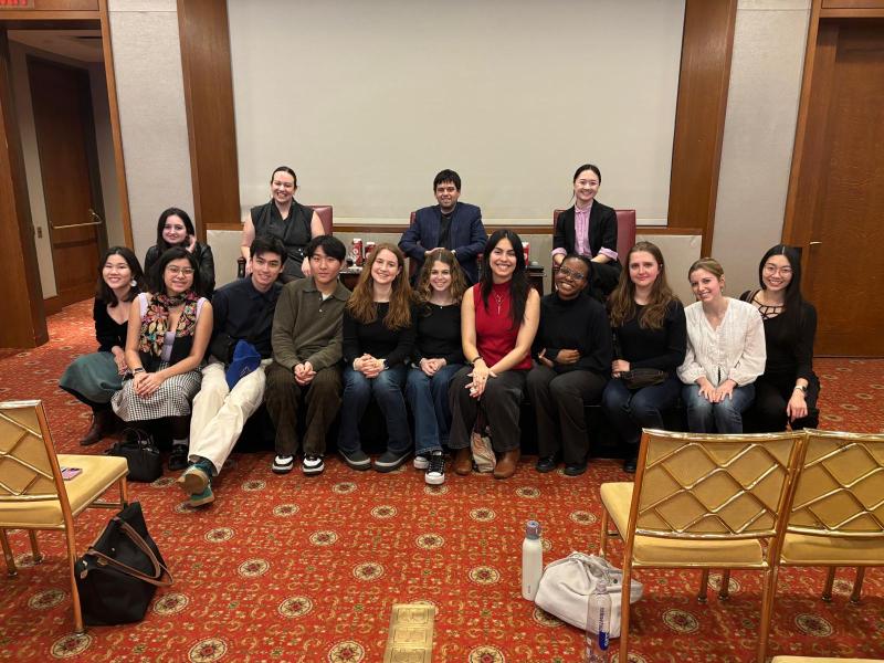 Students with alumni producer panelists at the Harvard Club of New York.