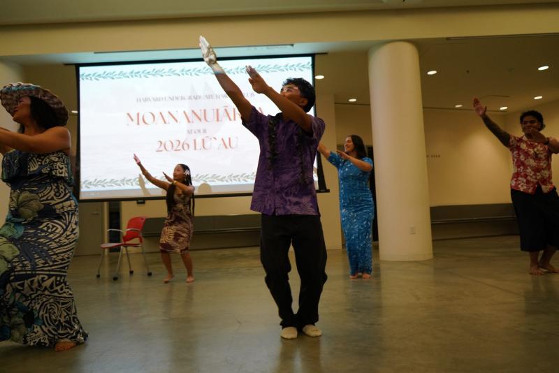 Students performing a group hula during the program.