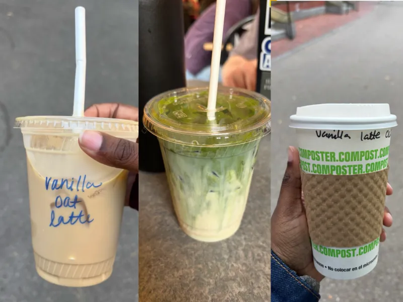 An image of drinks that I have ordered at Cafe Gato Rojo. The drinks displayed are Iced Vanilla Oat Latte, Iced White Chocolate Oat Matcha Latte, Hot Vanilla Oat Latte.
