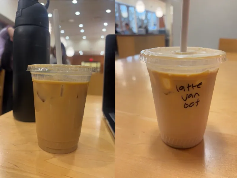 Two Iced Vanilla Oat Lattes from Lamont Cafe placed on tables in the cafe