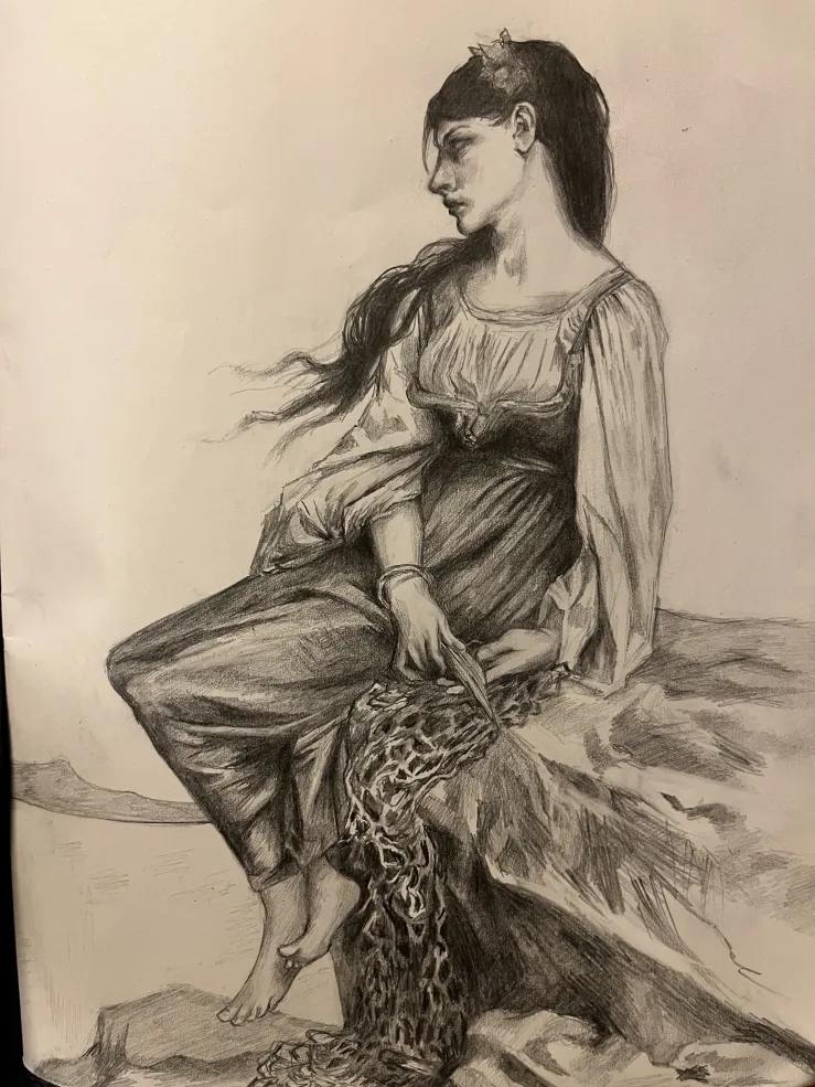 Graphite drawing of a woman gazing out into the distance. She is positioned on a large rock above a body of water. 