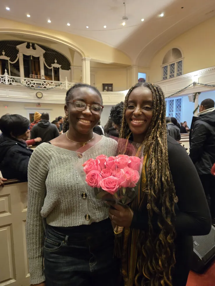 my sister and i with pink flowers