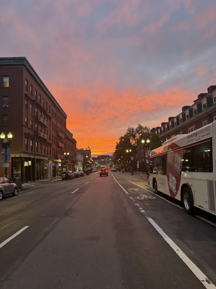 A sunset view from the main street in Harvard Square