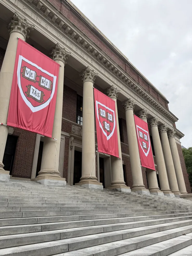 Three Veritas banners hanging at Widener Library. 