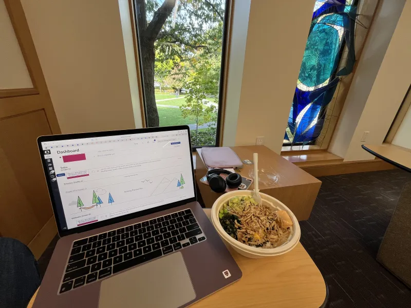 My study set up in the Divinity School Library, featuring one of their DIY bowls