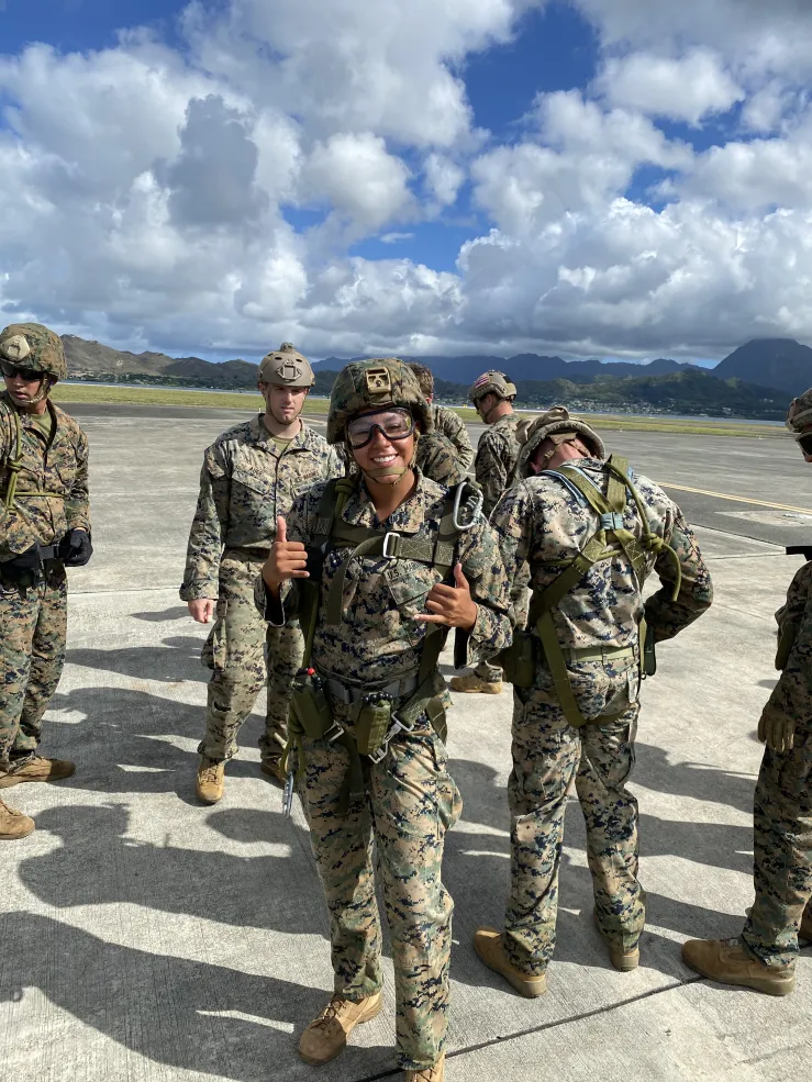 Valverde in 2020 in her military uniform giving smiling at the camera while making a "hang loose" gesture with her hands.