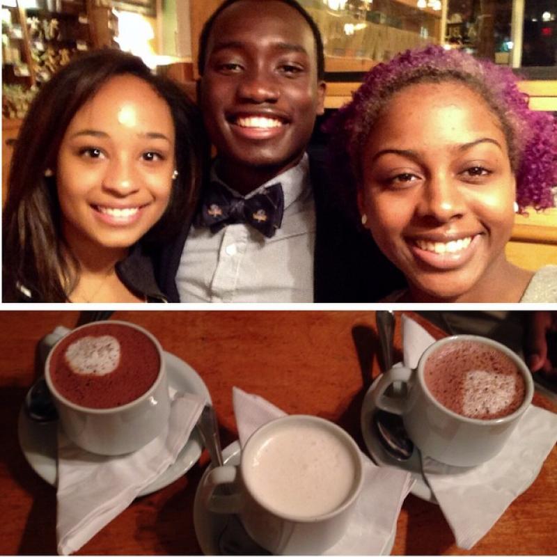 A photo of author with two friends and another photo of three cups of hot chocolate