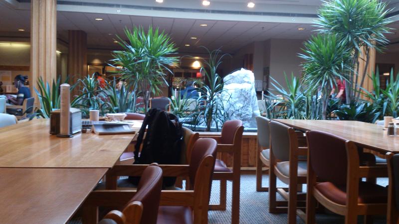 Photograph of seat and table in Currier dining hall