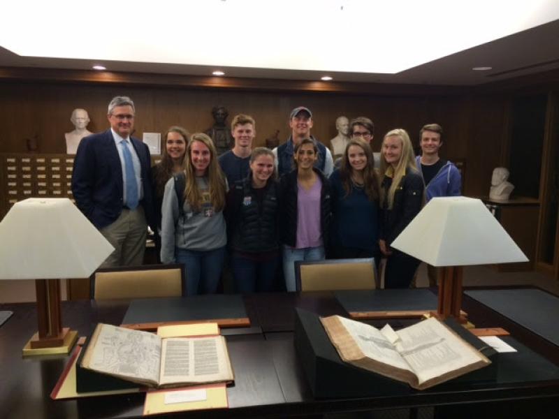 a group of students standing together at Countway Medical Library at Harvard Medical School