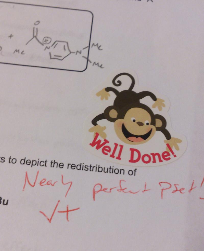 Completed homework with comments and a congratulatory sticker featuring a monkey