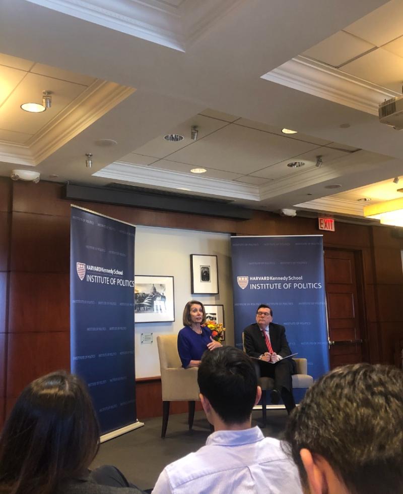 Nancy Pelosi speaking at the Institute of Politics in the Harvard Kennedy School