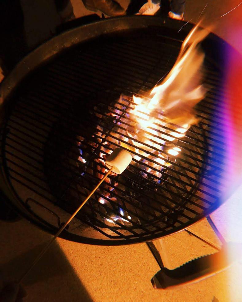Photograph of marshmellows being roasted over charcoal grill