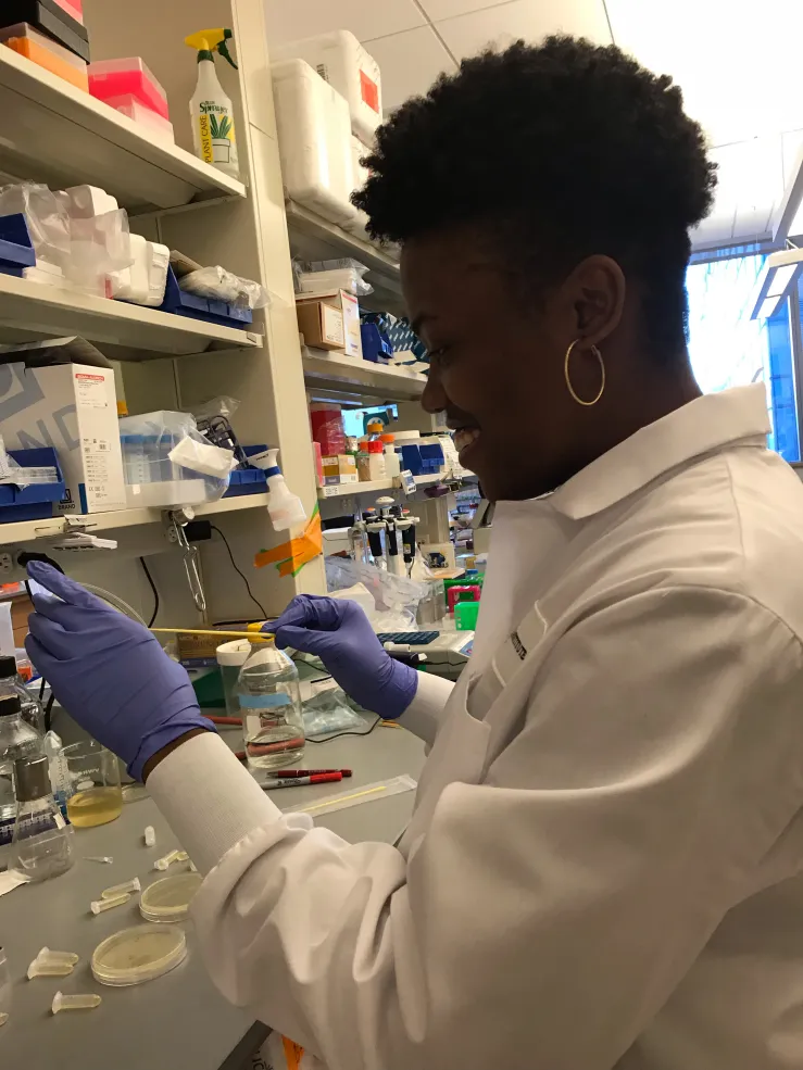 Author working in a lab at the Wyss Institute