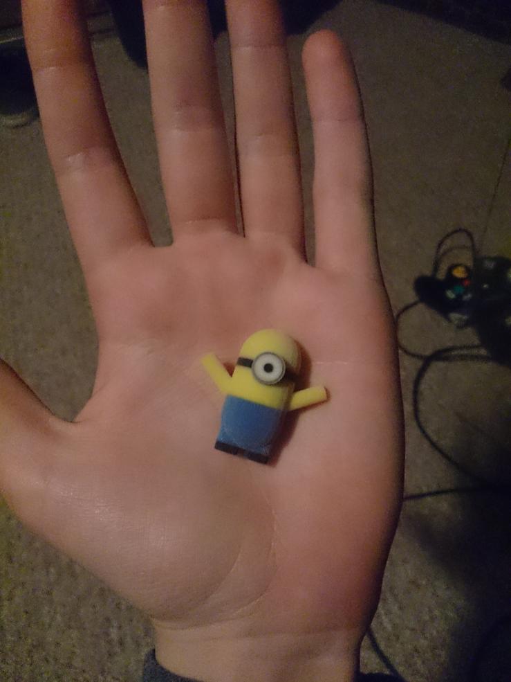Photograph of author holding a toy "minion" from the film "Despicable Me"