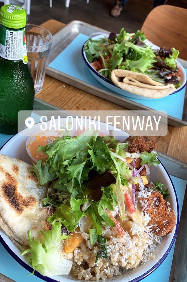 food from Saloniki restaurant at Fenway with text that reads: 'Saloniki Fenway'